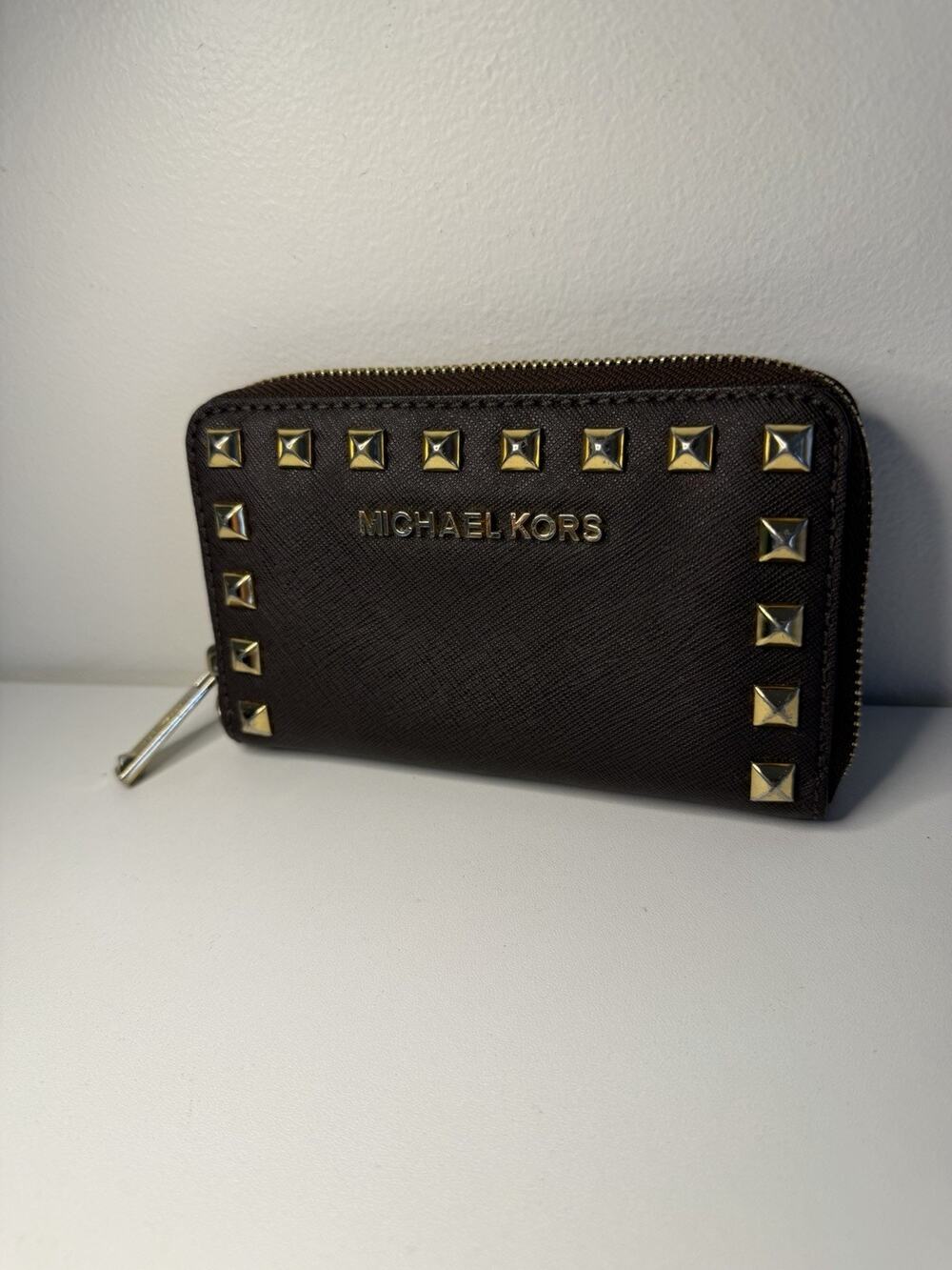Michael Kors Saffiano Leather Studded Zip Around Wristlet Wallet Brown Gold